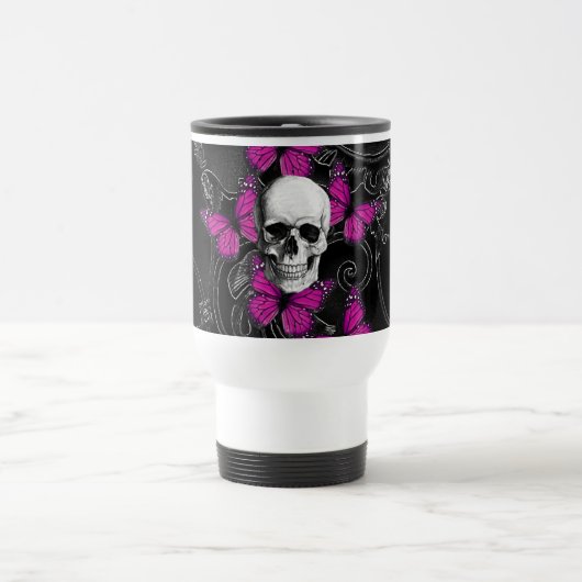 Fantasieschädel- und -Pinkschmetterlinge Reisebecher (Mittel)