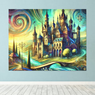 Fantasieschloss mit wirbelndem Himmel und fließend Leinwanddruck
