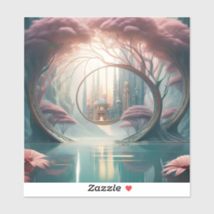 Fantasiestadt durch einen blauen See und rosa Bäum Aufkleber
