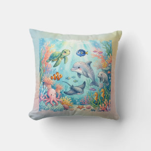 Fantasievolle Aquarell-Ozeantiere unter dem Meer Kissen