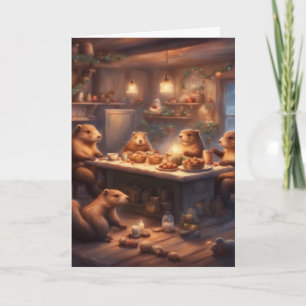 Fantasievolle Bilderbuch-Weihnachten der Biberfami Karte