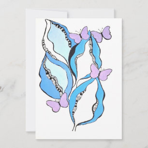 Fantasievolle blaue Blätter und violette Schmetter Feiertagskarte