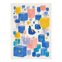 Fantasievolle blaue gelbe Aquarell-Träumer-Würfel