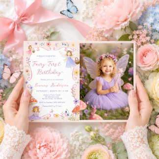 Fantasievolle Blumenfee zum 1. Geburtstag Foto Einladung