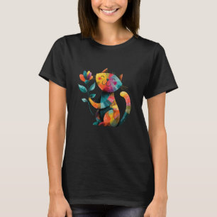 Fantasievolle Bunte Katze Hält Helle Blume T-Shirt