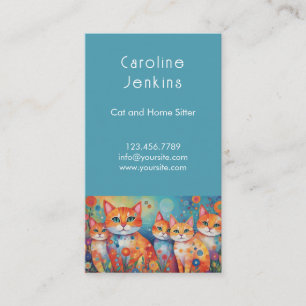 Fantasievolle bunte Katzenillustration Blaues QR-C Visitenkarte