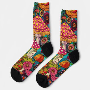 Fantasievolle bunte Pilze Lila Grüne Socken