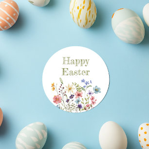Fantasievolle Bunte Wildblumenblüte Frohe Ostern Runder Aufkleber
