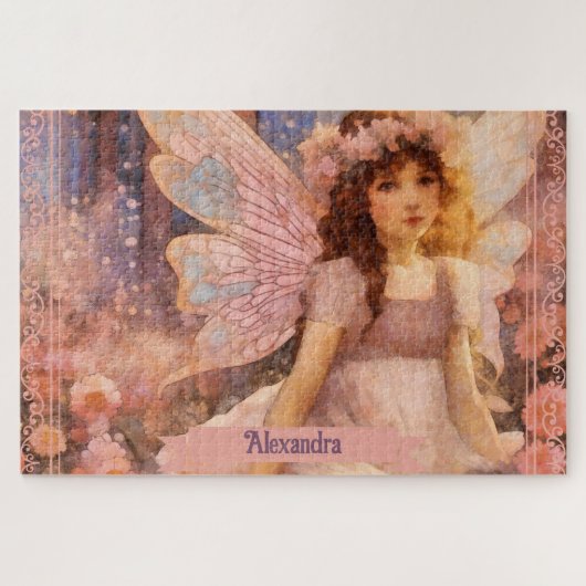Fantasievolle Fee im träumerischen rosa Blumenmeer Puzzle (Horizontal)