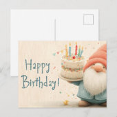 Fantasievolle Geburtstagsgrüße: Gnom mit Kuchen Postkarte (Vorne/Hinten)