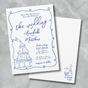 Fantasievolle handgezeichnete blaue Hochzeit Einladung