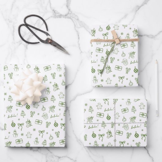 Fantasievolle handgezeichnete Doodle Grün Geschenkpapier Set (Vorderseite)