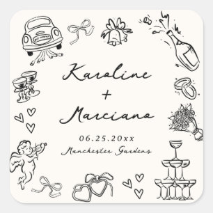 Fantasievolle handgezeichnete Hochzeitsdoodles Quadratischer Aufkleber