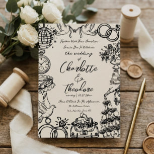 Fantasievolle handgezeichnete Hochzeitseinladung Einladung