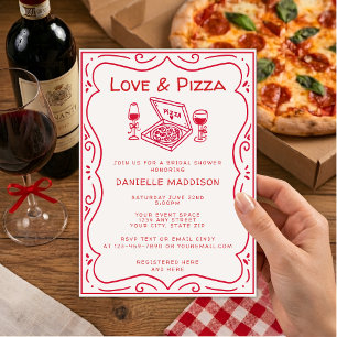Fantasievolle handgezeichnete Love & Pizza Brautpa Einladung