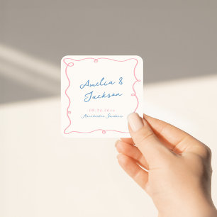 Fantasievolle handgezeichnete rosa und blaue Hochz Quadratischer Aufkleber