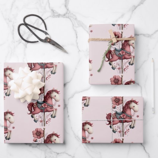 Fantasievolle Karussellpferdbild-Muster Geschenkpapier Set (Vorderseite)