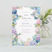 Fantasievolle Kolibris mit Hortensien Geburtstag Einladung (Stehend Vorderseite)