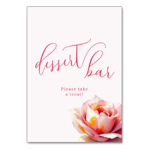 Fantasievolle Korallenrosa-Rosen-Dessert-Schild Tischnummer