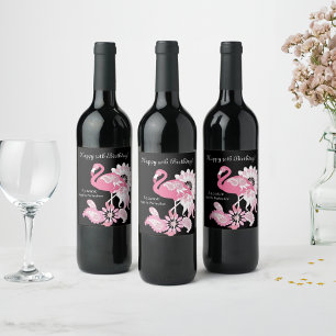 Fantasievolle moderne schwarze rosa Flamingo-Gebur Weinetikett