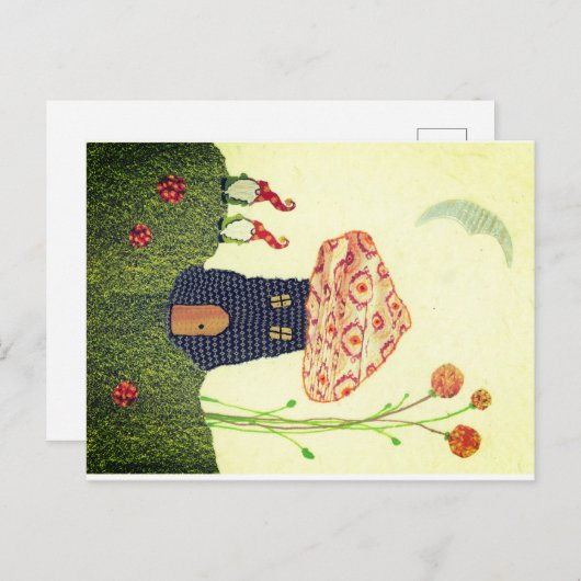 Fantasievolle Postkarte mit Pilzhaus, zwei Gnomen (Vorne/Hinten)