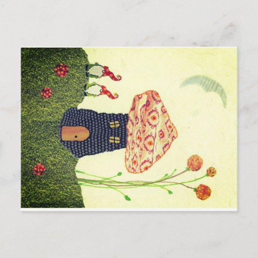 Fantasievolle Postkarte mit Pilzhaus, zwei Gnomen (Vorderseite)