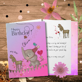 Fantasievolle rosa Elefant & Reh Mädchen Geburtsta Feiertagskarte