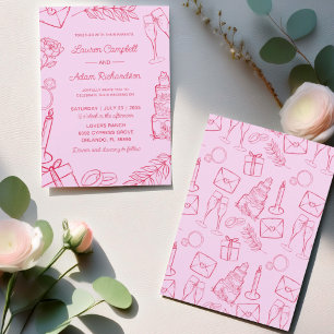Fantasievolle rosa und rote handgezeichnete Hochze Einladung