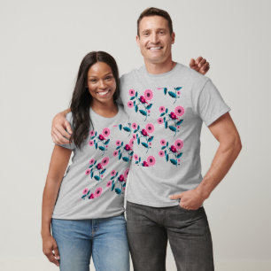 Fantasievolle rosa Vogel-Blumen-Botanik-Design T-Shirt