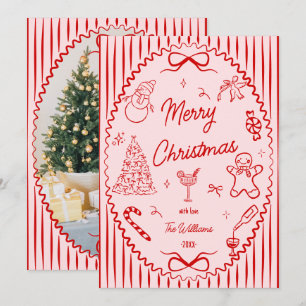 Fantasievolle rote rosa handgezeichnete Weihnachts Feiertagskarte