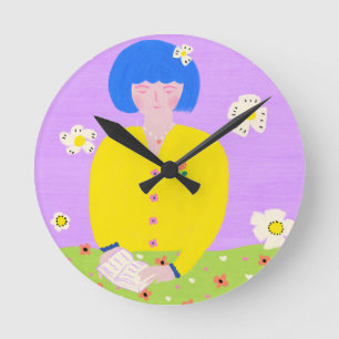Fantasievolle Volkskunst Lesemädchen Bunt Runde Wanduhr