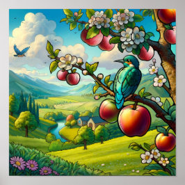 Fantasievoller Eisvogel auf Apfelbaum Farbige Poster