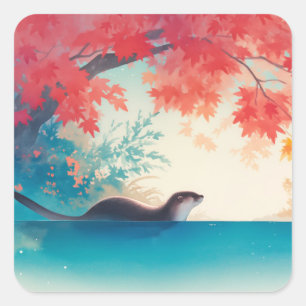 Fantasievoller Otter-Aufkleber mit Herbstlaub Quadratischer Aufkleber