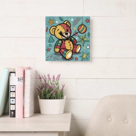 Fantasievoller Patchwork-Weihnachts-Teddybär Quadratische Wanduhr