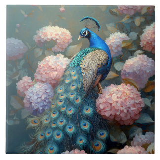 Fantasievoller Pfau Rosa Hortensienblüten Fliese