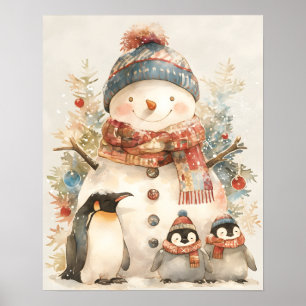 fantasievoller Schneemann-Pinguine-Aquarell-Winter Poster