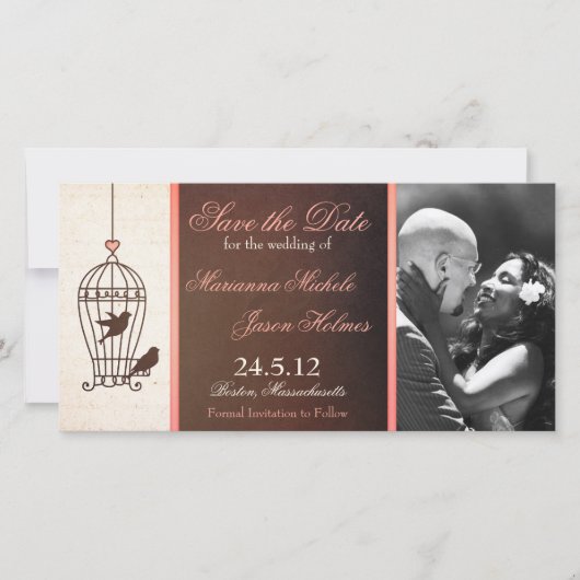 Fantasievoller Vogelkäfig Schokoladenbraun und Ros Save The Date (Vorderseite)