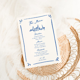 Fantasievolles handgezeichnetes Hochzeitsmenü in M Menükarte