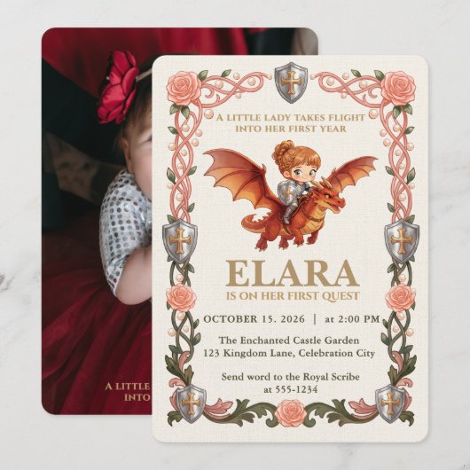 Fantasiöses Ritter Mädchen Drache Erste Geburtstag (Vorne/Hinten)