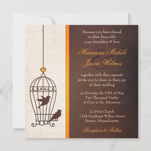 Fantasiosischer Vogelkäfig - Herbstorange Hochzeit Einladung (Vorderseite)
