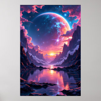 Fantastic Planet Rising over Mountains and Water  Poster
