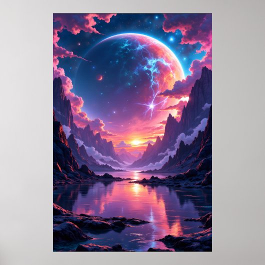 Fantastic Planet Rising over Mountains and Water  Poster (Vorne)