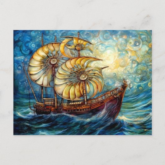 Fantastical Nautilus Ship in Swirling Ocean Postkarte (Vorderseite)