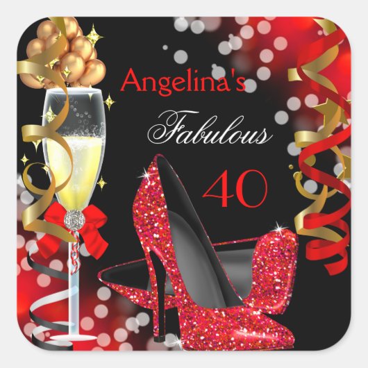 Fantastische 40 Red Heelses Gold Bubbles Geburtsta Quadratischer Aufkleber (Vorderseite)