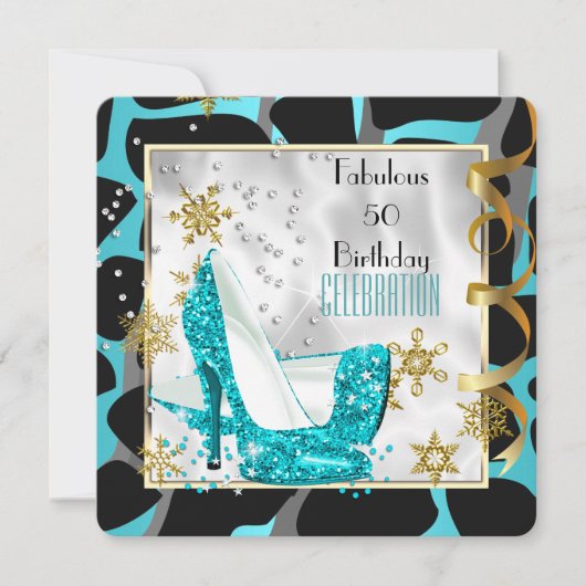 Fantastische 50 Aquamarine Schwarz-weiße Geburtsta Einladung (Vorderseite)