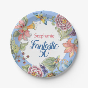 Fantastische 50 Blumenblau Wasserfarbe 50. Geburts Pappteller