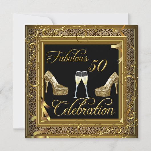 Fantastische 50 Celebration Gold Black Champagne Einladung (Vorderseite)