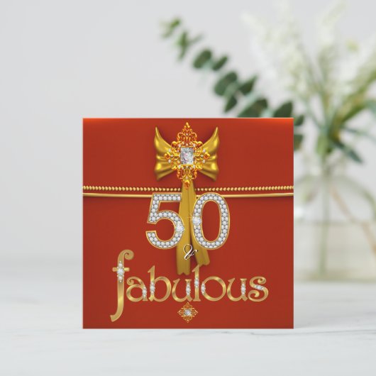 Fantastische 50 Diamond Gold Deep Red Birthday Par Einladung (Stehend Vorderseite)