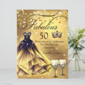 Fantastische 50 Geburtstag Gold schwarzes Kleid Kö Einladung (Stehend Vorderseite)