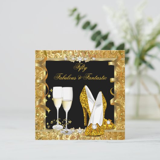 Fantastische 50 Gold Black Birthday Party 2 Einladung (Stehend Vorderseite)